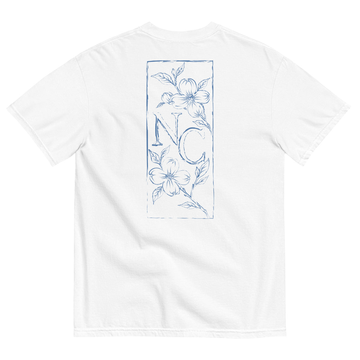 Dogwood State Midweight Tee in White - back, hand-drawn dogwood blossoms framing NC