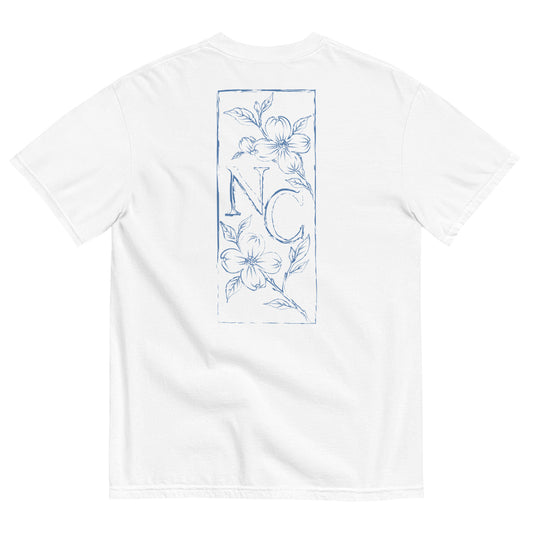 Dogwood State Midweight Tee in White - back, hand-drawn dogwood blossoms framing NC