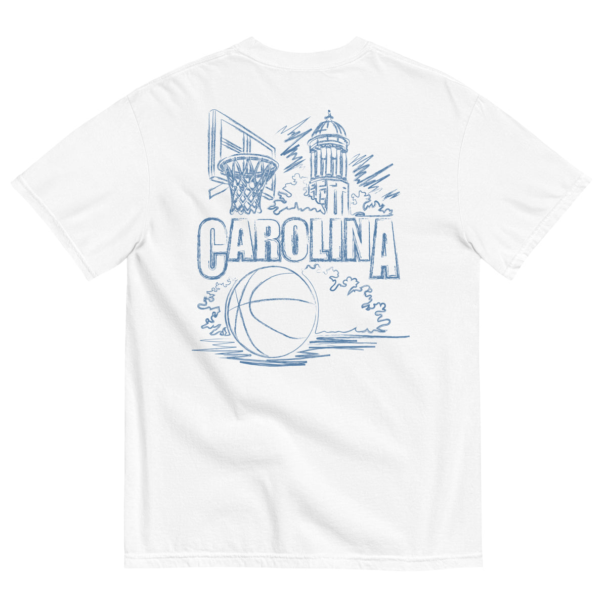 North Cackalackie Midweight Tee in White - back, hand-drawn basketball, hoop, and bell tower sketch